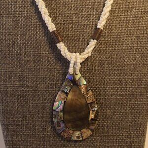 Pendant Necklace Abalone Shell & Twisted White Seed Beads